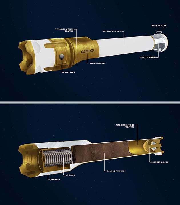 Grafik zum Aufbau der Probenbehälter, von denen der Rover bereits 24 auf dem Mars zum Abtransport deponiert hat (Illu.).Copyright: NASA/JPL-Caltech
