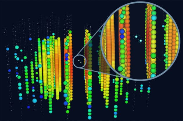 Signale der vom „IceCube Neutrino Observatory“ detektierten Tau-Neutronos. Copyright: IceCube; NFS