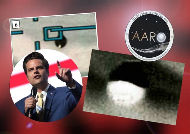 Symbolbild: Der Abgeordnete Matt Gaetz (l.) widerspricht der Deutung der Piloten-UFO-Sichtung von Eglin Air Force Base (2023, m.) durch die UFO-Untersuchungsbehörde AARO. Quelle: Matt Gaetz via X. AARO