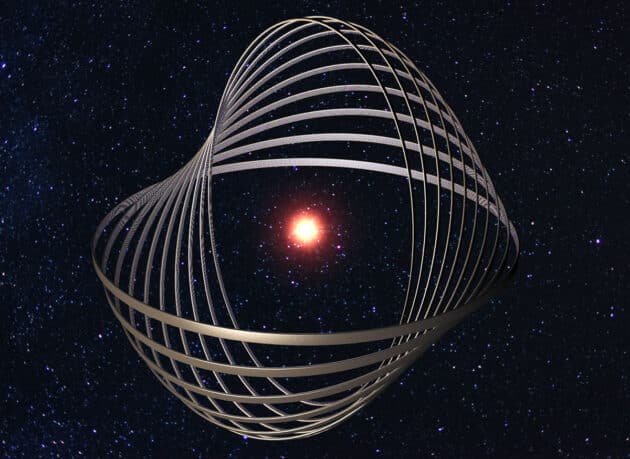 Symbolbild: Eine künstliche Struktur in Form einer Porkrowski-Schale um einen Stern (Illu.). Copyright: Віщун (via WikimediaCommons) / CC BY-SA 4.0