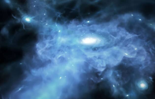 Künstlerische Darstellung des Entstehungsprozesses von Galaxien durch Zusammenballung von Gasen. Die aktuelle Beobachtung mit dem Webb-Teleskop basiert weniger auf visuellen Bildern als auf ermittelten Signalen. Copyright: NASA