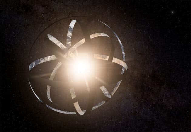 Künstlerische Darstellung einer Dyson-Konstruktion um einen Stern (Illu.).Copyright: Kevin Gill (vai WikimediaCommons) / CC BY-SA 2.0