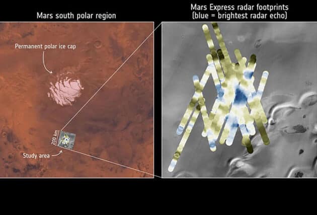 2018 zeigten Radarmessungen der ESA-Sonde „Mars Express“ helle Signale im Untergrund des Mars-Südpols, deren Eigenschaften am ehesten auf Tümpel, Teiche und Seen flüssigen Wassers hindeuten. Copyright: ESA/NASA/JPL/ASI/Univ. Rome; R. Orosei et al 2018