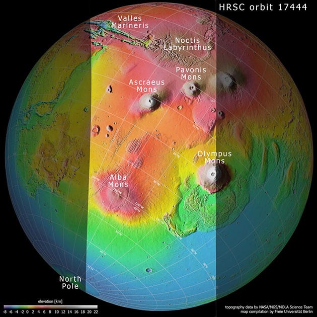 Die Topografie der Tharsis-Region auf dem Mars.Copyright/Quelle: NASA/MGS/MOLA Science Team, FU Berlin
