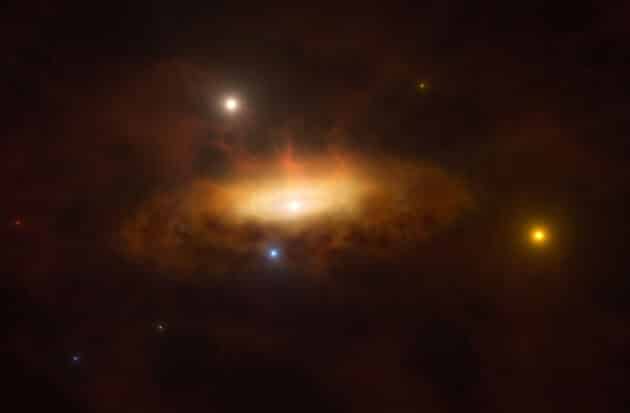 Künstlerische Darstellung der seit Dezember 2019 aufleuchtenden Galaxie „SDSS1335+0728“ (Illu.). Copyright: ESO/M. Kornmesser