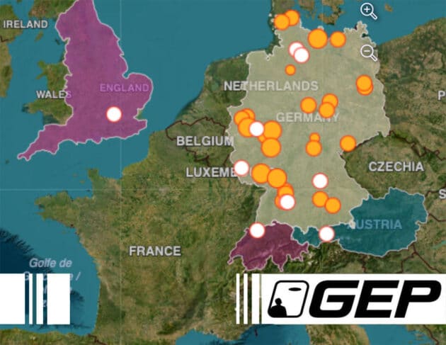 Geografische Übersicht der UFO-Sichtungsmeldungen aus Deutschland an die GEP im Mai 2024. Orangefarbene Punkte markieren bearbeitete, weiße unbearbeitete Meldungen. Copyright/Quelle: GEP, ufo-forschung.de