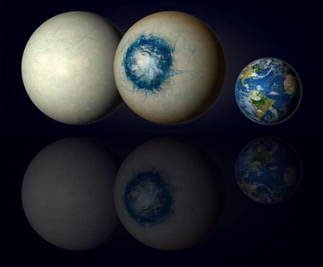 Künstlerische Darstellung der beiden Seiten des 48 Lichtjahre entfernten Exoplaneten “LHS 1140 b” (l.) im Vergleich zur Erde (r.). Der an seinen Stern rotationsgebundene Planet gleicht vermutlich dem Jupitermond Europa. Allerdings könnte sein unter einer dicken Eiskruste verborgener Ozean am sog. Subsolarpunkt offen liegen, was einer solchen Eiswelt das Aussehen eines Augapfels (bzw. engl. Bullseye) verleihen würde (Illu.). Copyright: B. Gougeon/Université de Montréal