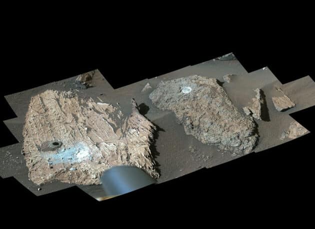 Die Felsplatte „Cheyava Falls“ (l.) im Jezero-Krater beinhaltet Merkmale, die Hinterlassenschaften urzeitlicher Marsmikroben sein könnten. Copyright: NASA/JPL-Caltech/ASU/MSSS