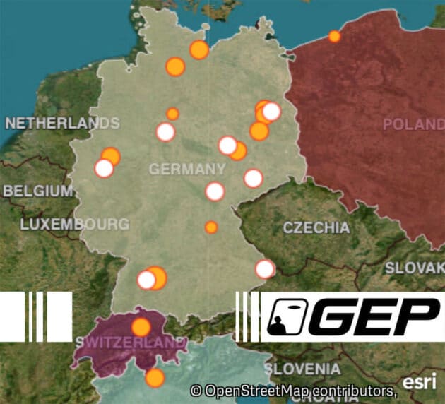 Geografische Übersicht der UFO-Sichtungsmeldungen aus Deutschland an die GEP im Mai 2024. Orangefarbene Punkte markieren bearbeitete, weiße unbearbeitete Meldungen. Copyright/Quelle: GEP, ufo-forschung.de