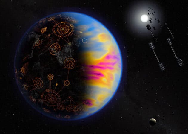 Künstlerische Darstellung einer fortschrittlichen außerirdischen Zivilisation mit orbitalen Solarkollektoren (Illu.).Copyright: NASA/Jay Freidlander