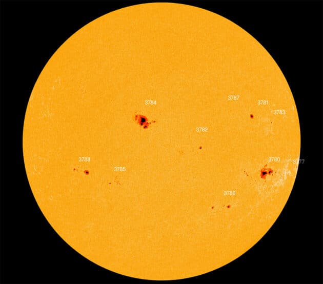 Die erdzugewandte Sonnenhemisphäre am 14. August 2024. Copyright: NASA/SDO/HMI
