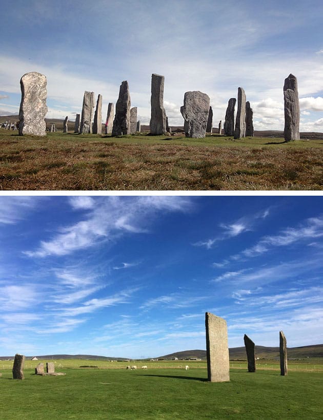 Blick auf einige Steine der großen Steinkreisanlage von Calanais (o.) auf der schottischen Isle of Lewis und den Steinen auf Orkney (u.).Copyright: A. Müller für Grenzwissenschaft-Aktuell.de