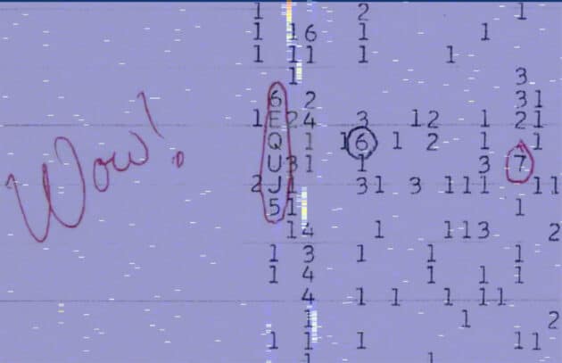 Eine Überblendung der Original-Ausdrucks des “Wow!”-Signals von 1977 mit der Detektion einer plötzliche aufleuchtenden kalten Wasserstoffwolke. Copyright/Quelle: PHL UPR Arecibo