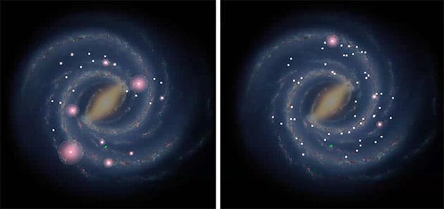 Keine dieser 57 simulierten raumfahrenden Zivilisationen hat eine der anderen bereits entdeckt und wundert sich vermutlich genau wie wir, wo die anderen sind oder, ob sie alleine im Universum sind (Illu.).Copyright/Quelle: K. Knuth 2024