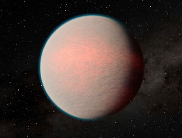 Künstlerische Darstellung der fernen und vermutlich wasserreichen Super-Erde „GJ 1214 b“. Copyright: NASA/JPL-Caltech/R. Hurt