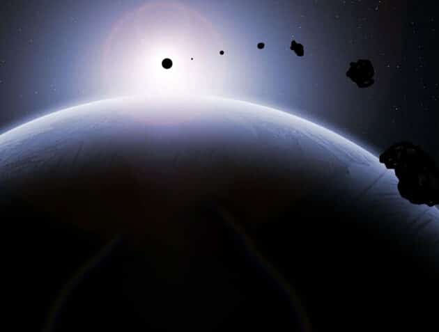 Künstlerische Darstellung eines künstlich erzeugten, kleinen Schwarzen Lochs in der Umlaufbahn eines fernen Planeten (Illu). Copyright: grewi.de (u.a. mit Vorlagen LoganArt via Pixabay.com)