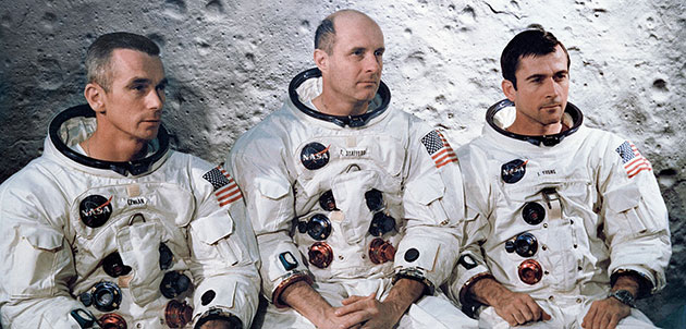 Die Crew von Apollo-10: Eugene A. Cernan, Thomas P. Stafford und John W. Young.Copyright: NASA