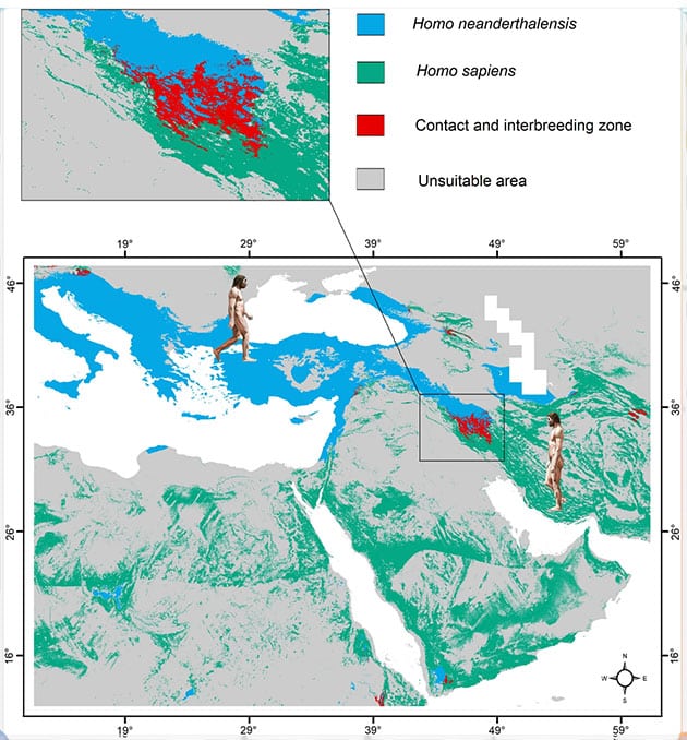 Das Zāgros-Gebirge wurde als wahrscheinlichste Kontaktzone (rot) zwischen Neandertalern (blau) und Homo sapiens (grün) identifiziert.Quelle: Guran et al., Scientific Reports 2024