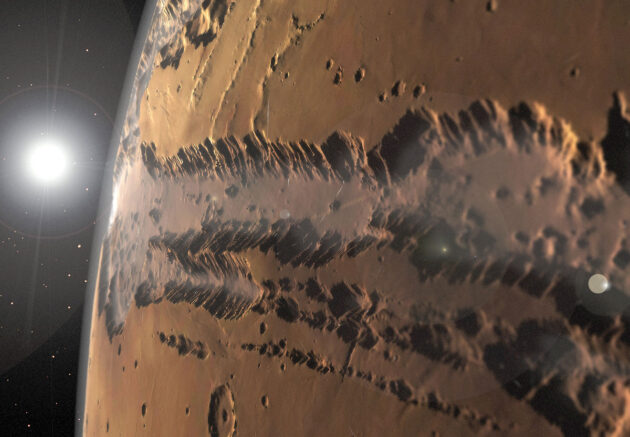 Ein mit Sonden-Daten erstellte Ansicht des Grabenbruchsystems Vales Marineris auf dem Mars (Illu.). Copyright/Quelle: Kevin Gill (via WikimediaCommons) CC BY-SA 2.0