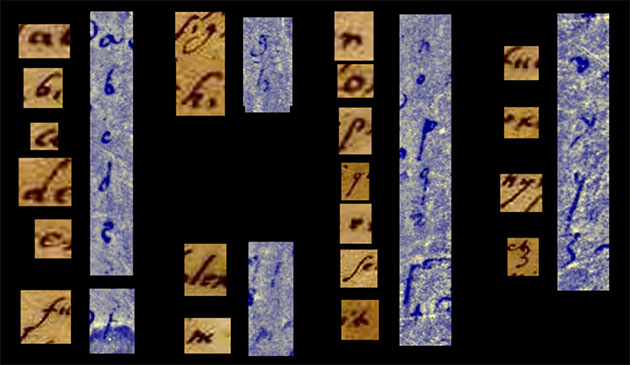 Identifizierte Notizen in lateinischer Schrift, u. a. im sichtbaren und UV-LichtCopyright/Quelle: Beinecke Library Yale / The Lazarus Project / Manuscript Road Trip