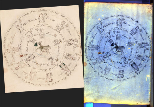 Eine Seite des Voynich-Manuskripts im sichtbaren und im UV-Licht. Copyright/Quelle: Beinecke Llibrary Yale / The Lazarus Project / Manuscript Road Trip