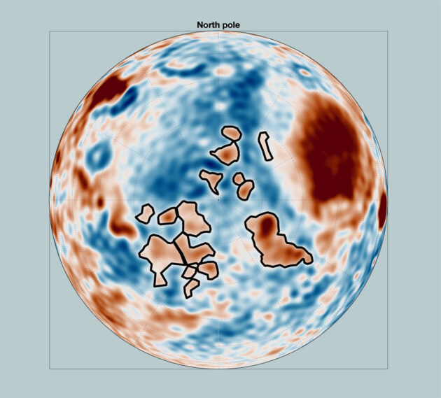 Diese Mars-Karte hebt die dichten Gravitationsstrukturen auf der Nordhalbkugel hervor. Die durch schwarze Linien gekennzeichneten Regionen sind Massenanomalien, die keine Korrelation mit Geologie und Topografie aufweisen. Diese verborgenen unterirdischen Strukturen sind von Sedimenten eines alten Ozeans bedeckt. Ihre Herkunft ist noch ein Rätsel, und eine spezielle Gravitationsmission, wie MaQuIs, ist erforderlich, um ihre Natur zu enthüllen. Quelle: Root et al. 2024