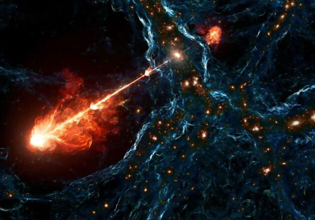 Künstlerische Darstellung des längsten bisher beobachteten Jet-Systems eines Schwarzen Lochs (Illu). Copyright/Quelle: E. Wernquist / D. Nelson (IllustrisTNG Collaboration) / M. Oei