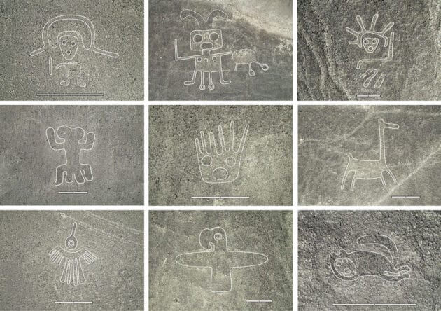 Eine Auswahl der neuentdeckten Geoglyphen in der Pampa de Nazca. (Klicken sie auf die Bildmitte, um zu einer vergrößerten Darstellung zu gelangen.)Copyright/Quelle: Sakai et al., PNAS 2024