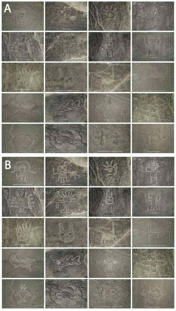 Eine Auswahl der „neuen“ Geopglyphen im aktuellen Originalzustand (A) und die grafische Hervorhebung der jeweiligen Motive (B).(Klicken sie auf die Bildmitte, um zu einer vergrößerten Darstellung zu gelangen.)Copyright/Quelle: Sakai et al., PNAS 2024