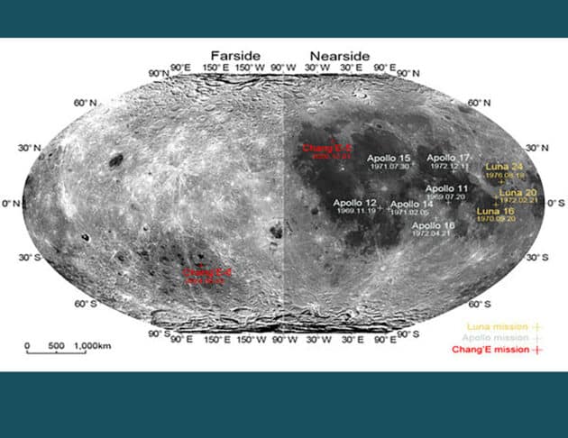 Die topografische Karte zeigt die Landeplätze der Chang'e-Missionen, Apollo-Missionen und Luna-Missionen. Copyright: NAOC