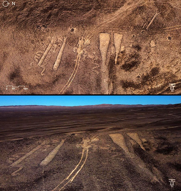 Auch bislang nur wenig bekannte Geoglyphen nahe La Puntilla sind bereits stark von Fahrspuren beschädigt.Quelle/Copyright: Fundación Desierto de Atacama