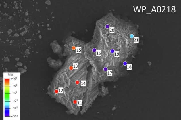 SEM/EDS-Ergebnisse des Ryugu-Partikels „A0218“. Copyright/Quelle: Pilorget et al., Nature Astronomy (2024)