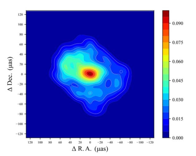 Neuauswertung der Radiodaten der Beobachtungen von Sagittarius A*, dem supermassereichen Schwarzen Loch im Zentrum der Milchstraße. Copyright/Quelle: Miyoshi et al., Monthly Notices of the Royal Astronomical Society 2024 / (CC BY 4.0)
