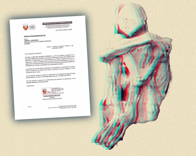 Künstlerische Darstellung der Mumie „Maria“ (r.) und die schriftliche Einladung zur Kongressanhörung der Kulturerbe-Kommission des peruanischen Kongresses. Copyright/Quelle: grewi.de (Illu.) / J. McDowell