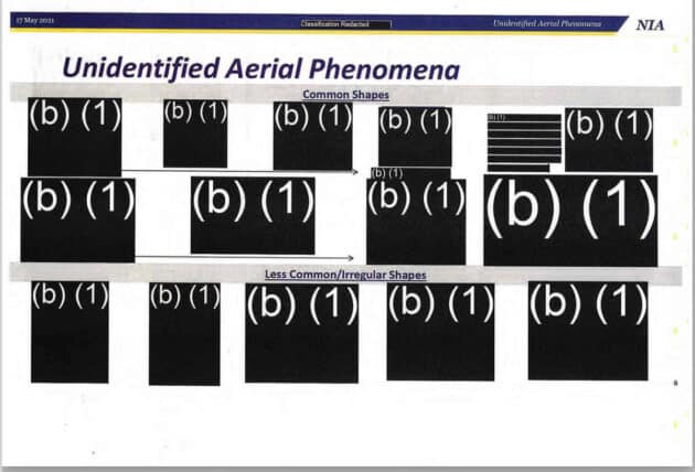 Geschwärzte Inhalte in Veröffentlichung der US-Navy von Unterlagen zu Briefings der US-UFO-Untersuchungseinheit UAPTF. Copyright/Quelle: Dept. of the US Navy