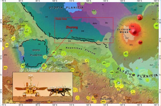 Die schwarze Linie markiert den urzeitlichen Küstenverlauf in der Mars-Region Utopia Planitia und den Einsatzort des chinesischen Rovers Zhurong (Illu.). Copyright: Bo Wu et al., Scientific Reports 2024