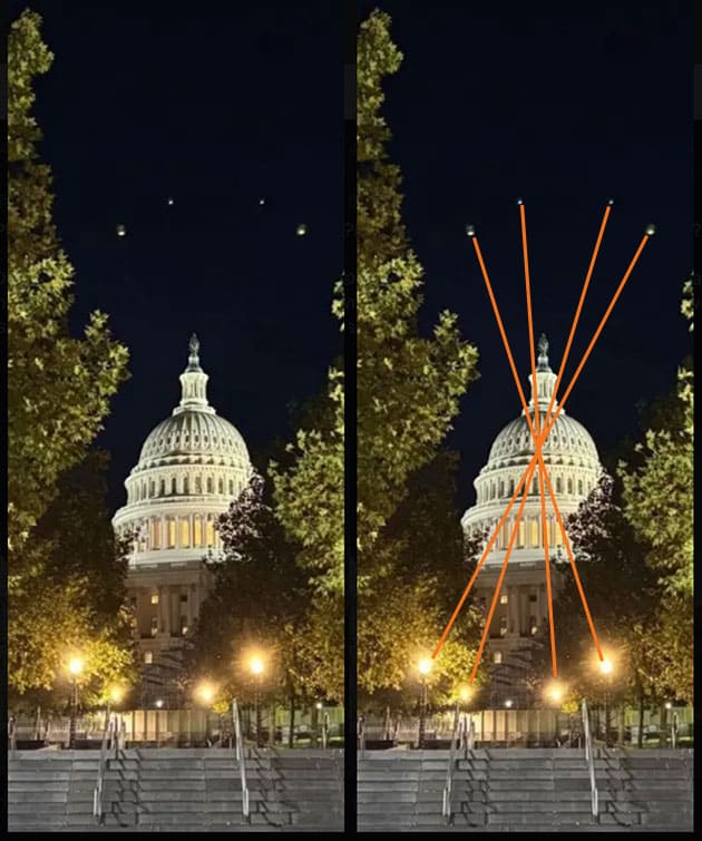 Angebliche Drohnen/UFOs über dem Kapitol von Washington sind in Wirklichkeit Linsenspiegelungen der Straßenbeleuchtung im Vordergrund.