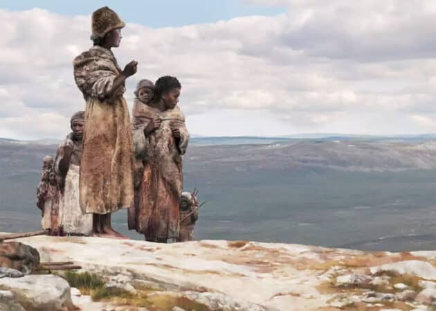 Künstlerische Darstellung der Gruppe aus Zlatý kůň/Ranis. Vor etwa 45.000 Jahren zogen Menschen aus Ranis in Thüringen und aus Zlatý kůň in Tschechien vermutlich gemeinsam durch die offenen Steppenlandschaften Europas. Copyright/Quelle: Tom Björklund für Max-Planck-Institut für evolutionäre Anthropologie