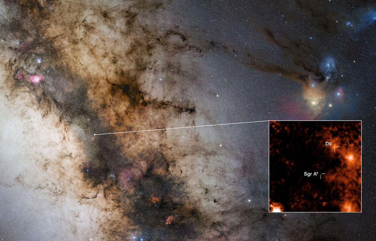 Die Aufnahme zeigt die Position des neu entdeckten Doppelsterns „D9“, der Sagittarius A*, das supermassereiche Schwarze Loch im Zentrum unserer Galaxie, umkreist.Copyright/Quelle: ESO/F. Peißker et al., S. Guisard