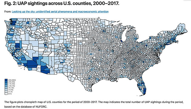 UAP-Sichtungen in den US-Landkreisen (2000–2017).Quelle: NUFORC