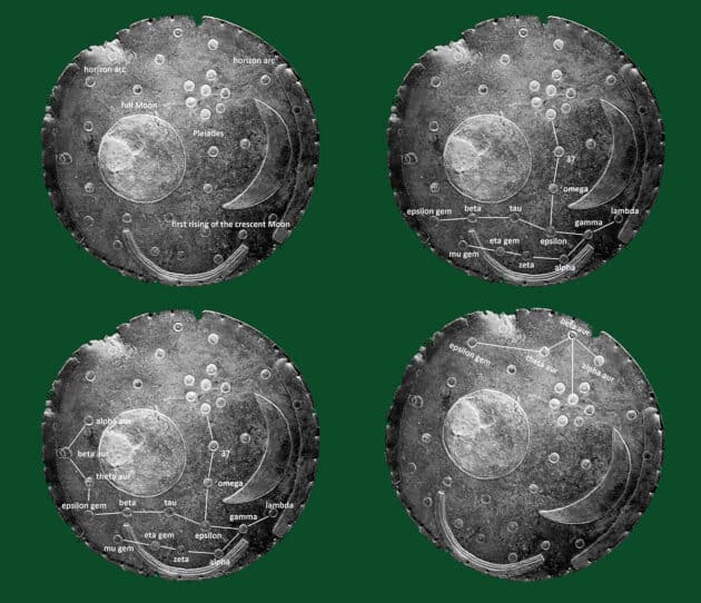 Die bislang identifizierten Objekte auf der Himmelsscheibe von Nebra (o.l.), die neu identifizierten Sternbilder Stier und „Pflug“ (o.r.), das Sternbild „Pflug“ und die „Auriga-Linie“ (u.l.) und die zweite „Auriga-Linie“ (u.r.). Quelle: B. Fiedler, ArXiv.org 2024