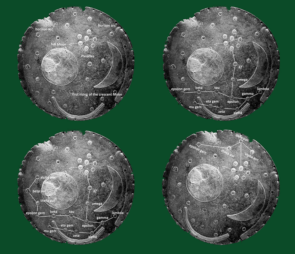 Die bislang identifizierten Objekte auf der Himmelsscheibe von Nebra (o.l.), die neu identifizierten Sternbilder Stier und „Pflug“ (o.r.), das Sternbild „Pflug“ und die „Auriga-Linie“ (u.l.) und die zweite „Auriga-Linie“ (u.r.).Quelle: B. Fiedler, ArXiv.org 2024