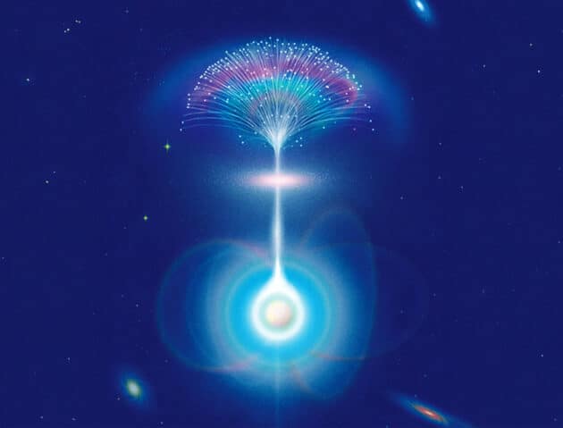 Künstlerische Darstellung eines Neutronensterns, der einen Radiostrahl aus seiner magnetischen Umgebung aussendet. Während die Radiowellen durch dichtes Plasma innerhalb der Galaxie reisen, spalten sie sich in mehrere Pfade auf, was dazu führt, dass das beobachtete Signal in seiner Helligkeit flackert. Copyright: Daniel Liévano, bearbeitet von MIT News