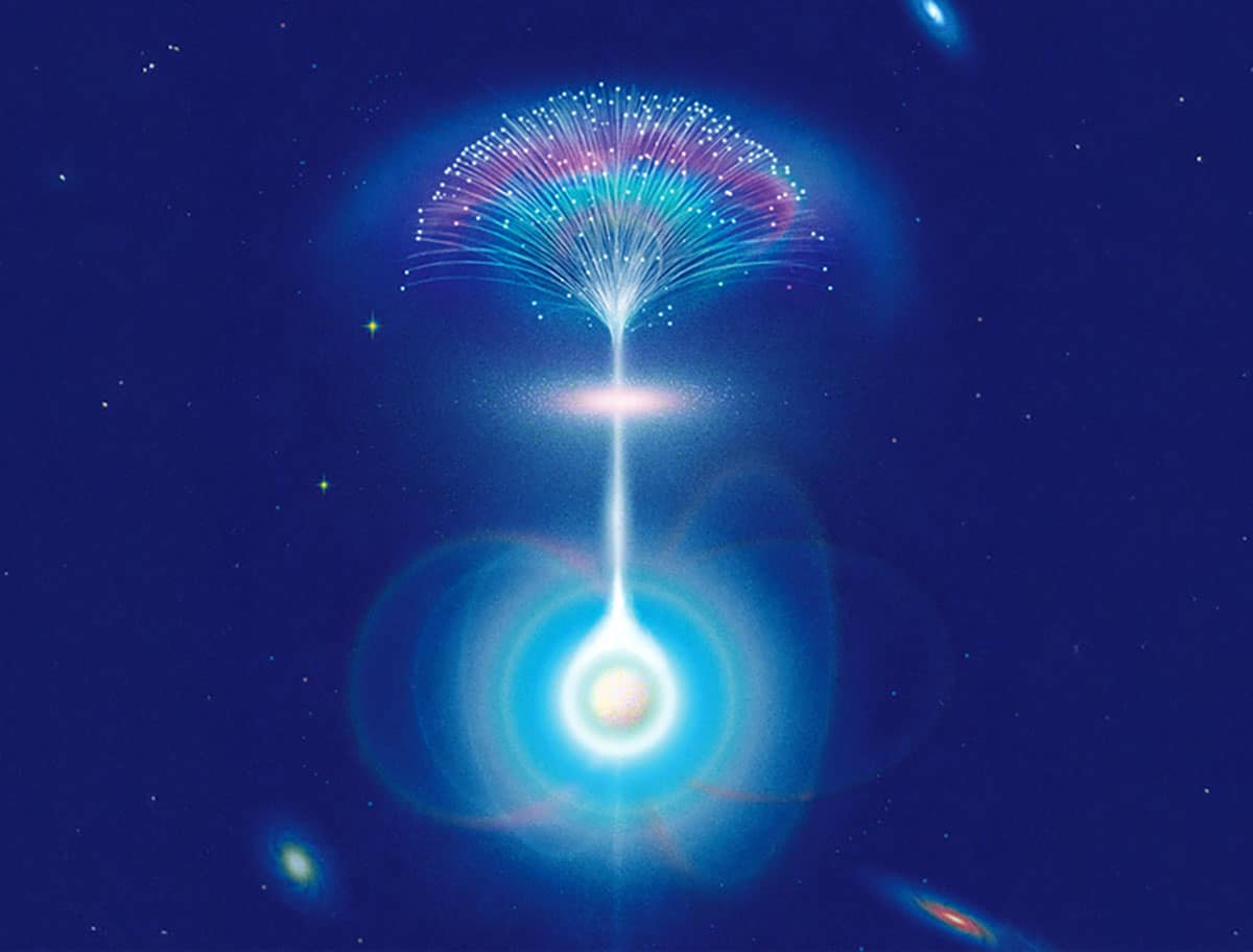 Künstlerische Darstellung eines Neutronensterns, der einen Radiostrahl aus seiner magnetischen Umgebung aussendet. Während die Radiowellen durch dichtes Plasma innerhalb der Galaxie reisen, spalten sie sich in mehrere Pfade auf, was dazu führt, dass das beobachtete Signal in seiner Helligkeit flackert.Copyright: Daniel Liévano, bearbeitet von MIT News