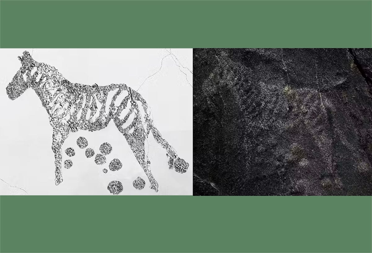 Ein Zebra, eingraviert auf Kurukop (l.) und die Nachzeichnung.Copyright: Amy Rusch (Zeichnung), Neil Rusch (Fotografie)