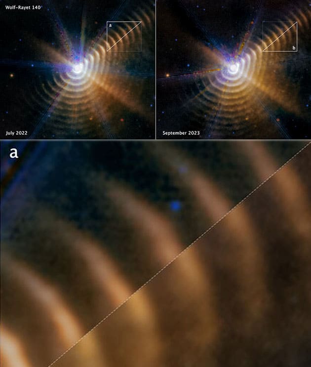 Webb-Aufnahme des Systems Wolf-Rayet 140 im Juli 2022 und September 2023 inkl. Detailvergrößerung (u.).Copyright: NASA, ESA, CSA, STScI, E. Lieb (University of Denver), R. Lau (NSF NOIRLab), J. Hoffman (University of Denver)