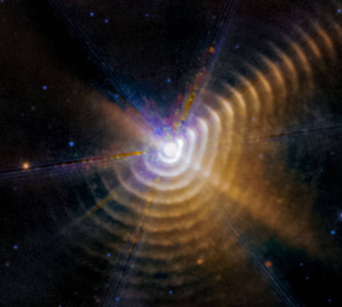 Webb-Aufnahme des Systems Wolf-Rayet 140.Copyright: NASA, ESA, CSA, STScI, E. Lieb (University of Denver), R. Lau (NSF NOIRLab), J. Hoffman (University of Denver)