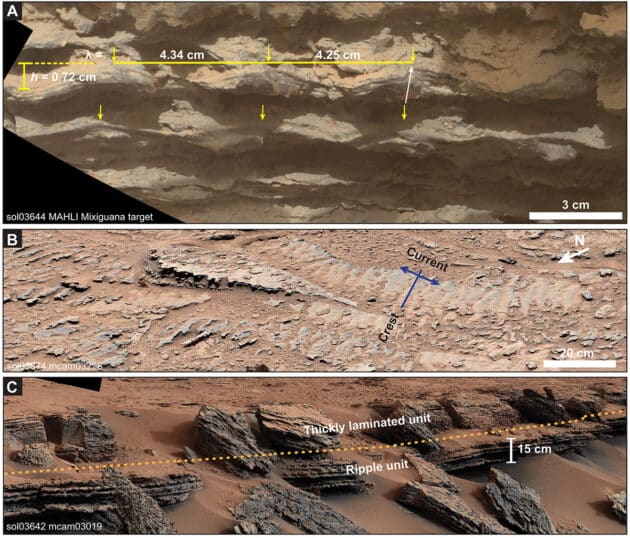 Charakteristische Wellenmuster, sog. Wellenrippel, in Sedimenten auf dem Mars sind eindeutige Belege für einst offene Gewässer. Copyright/Quelle: NASA, Caltech, Science Advances (2025)