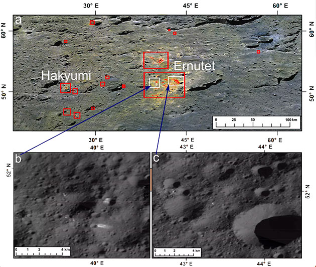 Ein detaillierter Blick auf die Fundstellen organischen Materials (hier in Rot) in der Nähe des Ernutet Kraters.Copyright: MPS