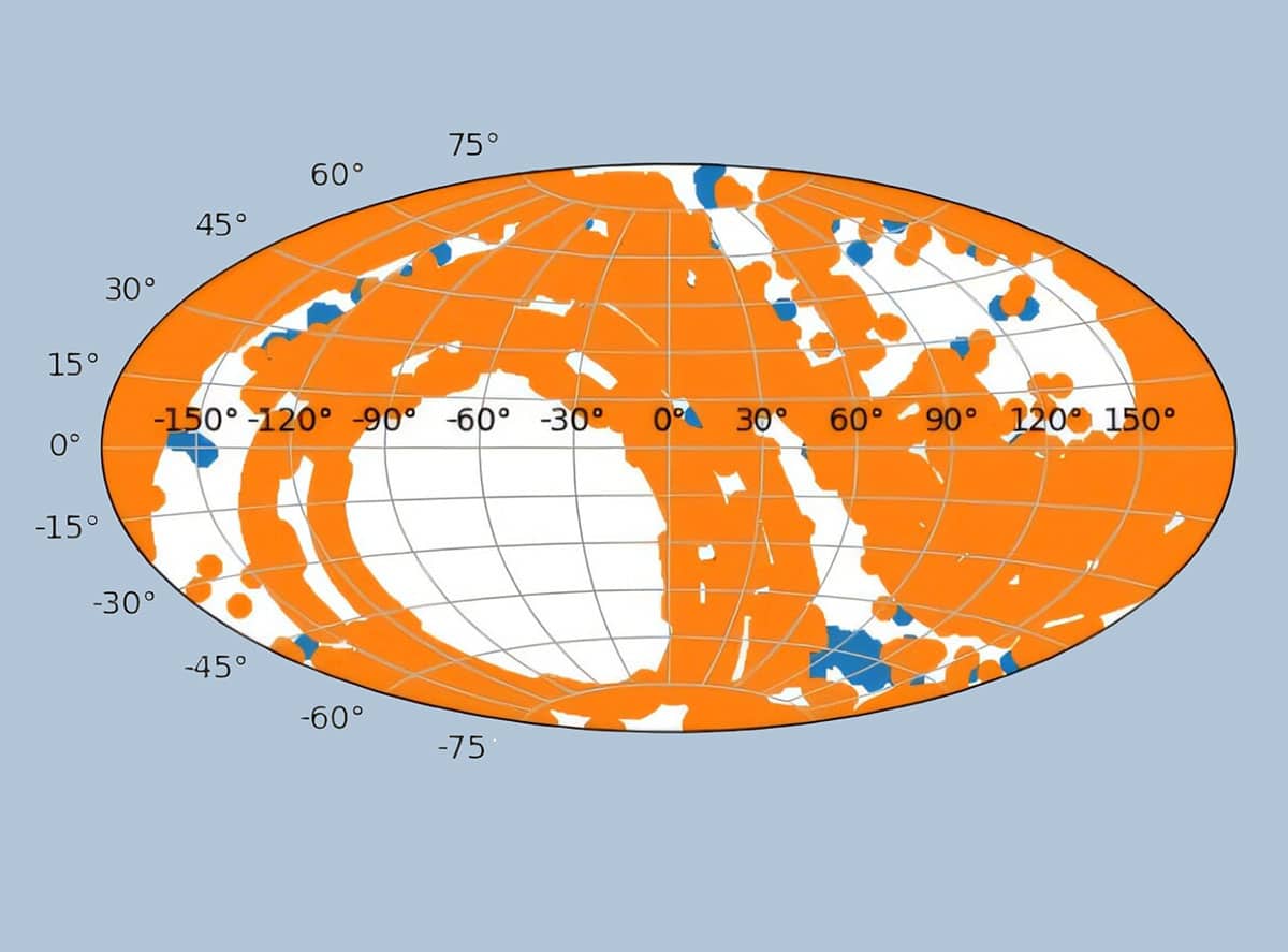 Galaktische Koordinaten in der COSMIC-Datenbank, die vom 29. März 2021 bis 14. Juli 2024 abgesucht wurden. Die orangefarbenen Punkte stellen Daten zu Frequenzen unterhalb von 4 GHz (S-band). Die blauen Punkte entsprechend Frequenzen oberhalb von 4 GHz (C-band).Copyright/Quelle: Tremblay et al. 2025